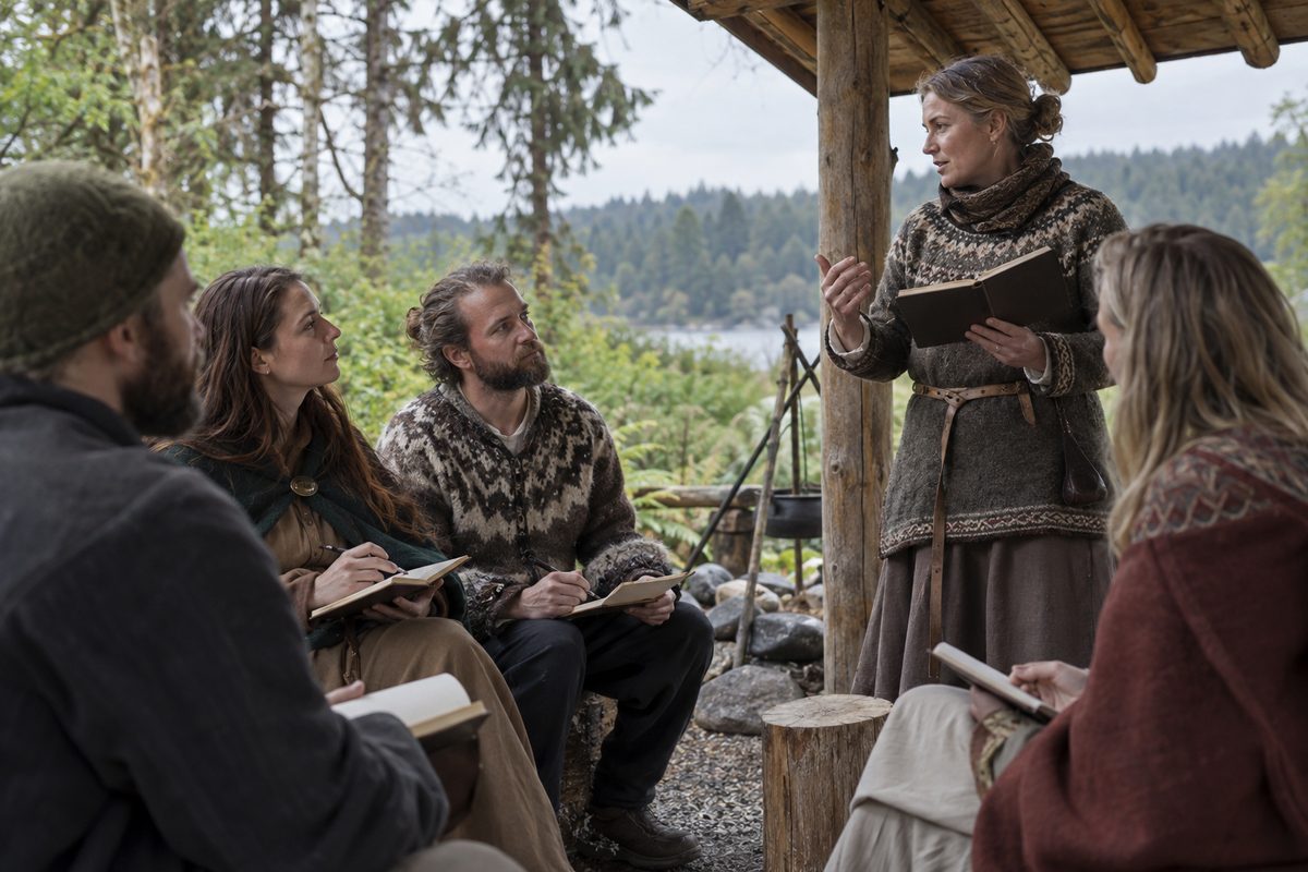Adults learning cultural heritage outdoors at a camp