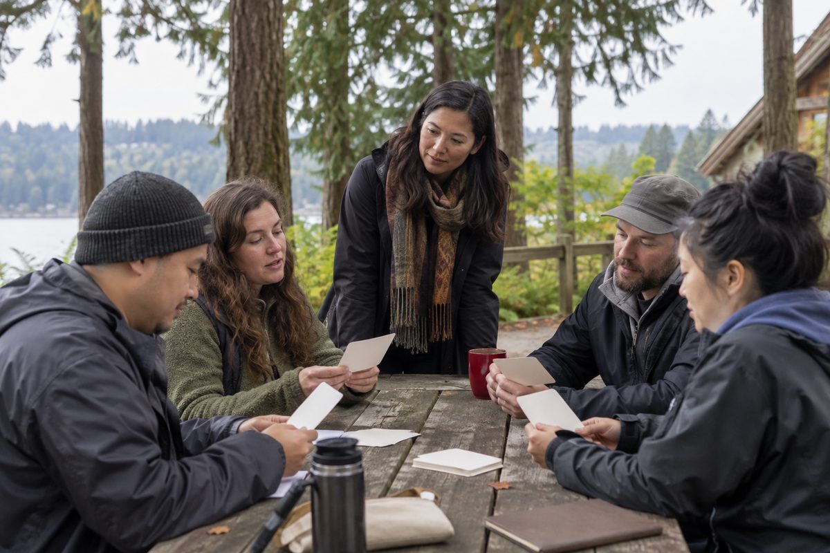 Adult learners working together at a language table