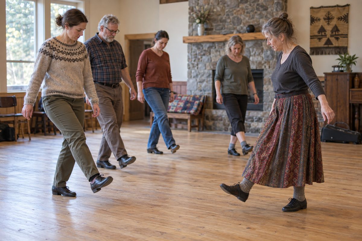 Adults practicing Norwegian folk dance together