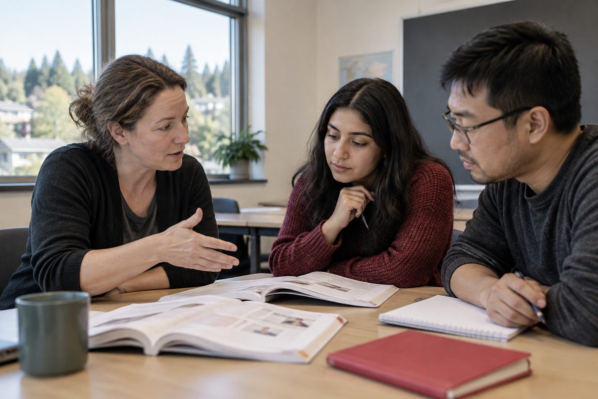 A tutor explaining language notes to an adult learner