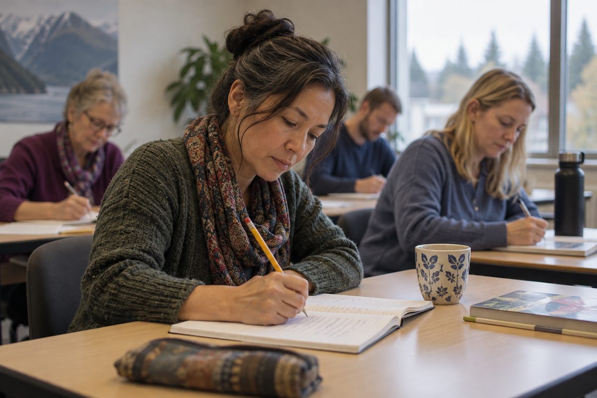 Adult learners using notes during a Norwegian language session