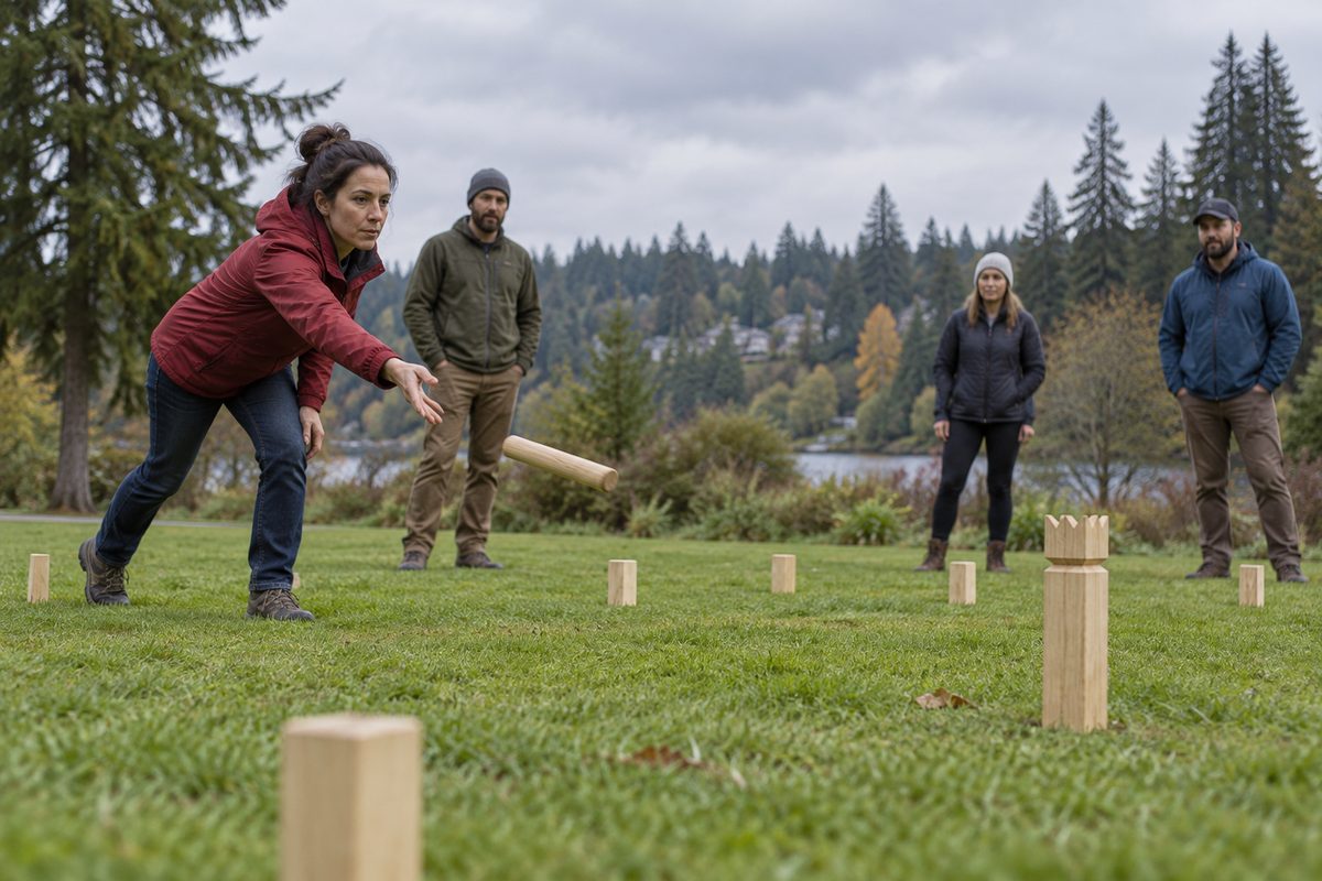 Members learning Kubb outdoors