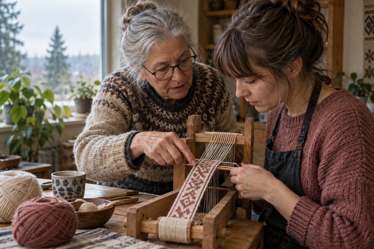 An instructor guiding a textile craft lesson